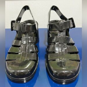 Juju Black Jelly Babe Sandals Sz 8 UK 6 Heels Woven Plastic Buckle Womens Shoes